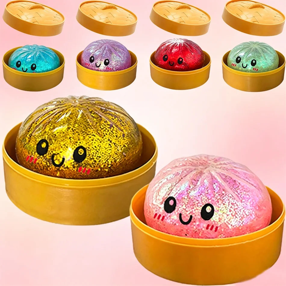 Blind Box Squishy Ravioli Pailleté – 6 Modèles Surprise Anti-Stress avec Boîte