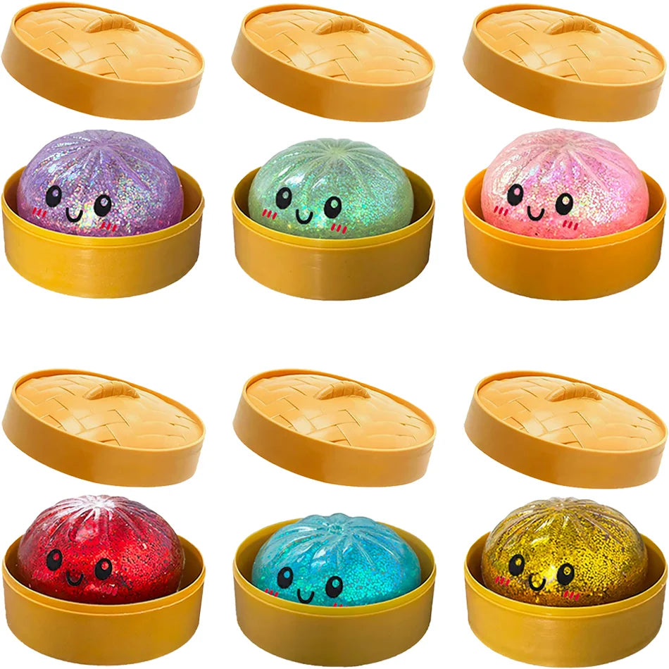 Blind Box Squishy Ravioli Pailleté – 6 Modèles Surprise Anti-Stress avec Boîte